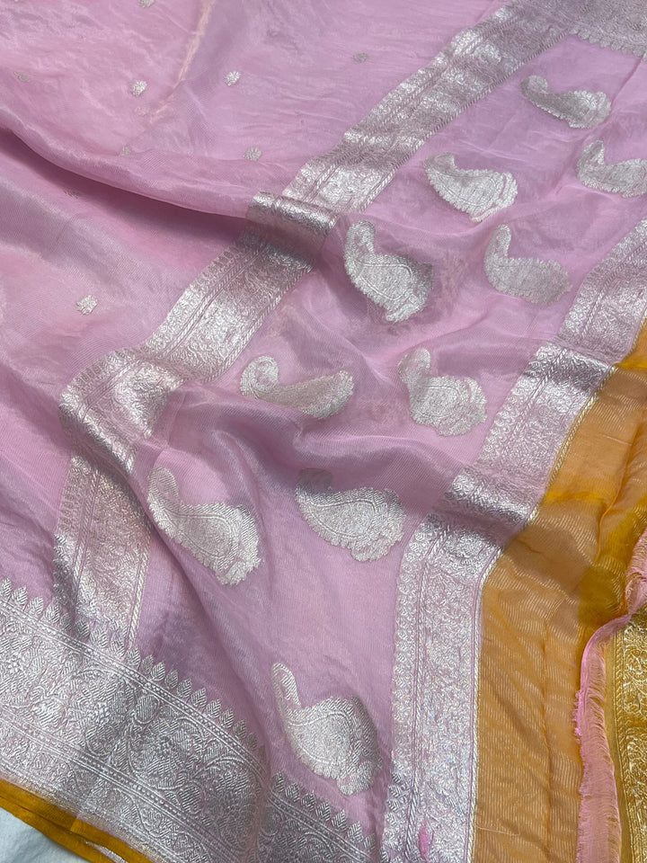 Baby Pink Pure Banarasi Crush Tissue Silk Saree - Aura Benaras