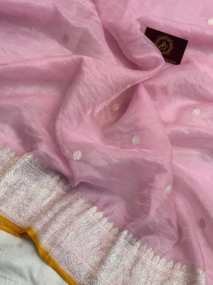 Baby Pink Pure Banarasi Crush Tissue Silk Saree - Aura Benaras