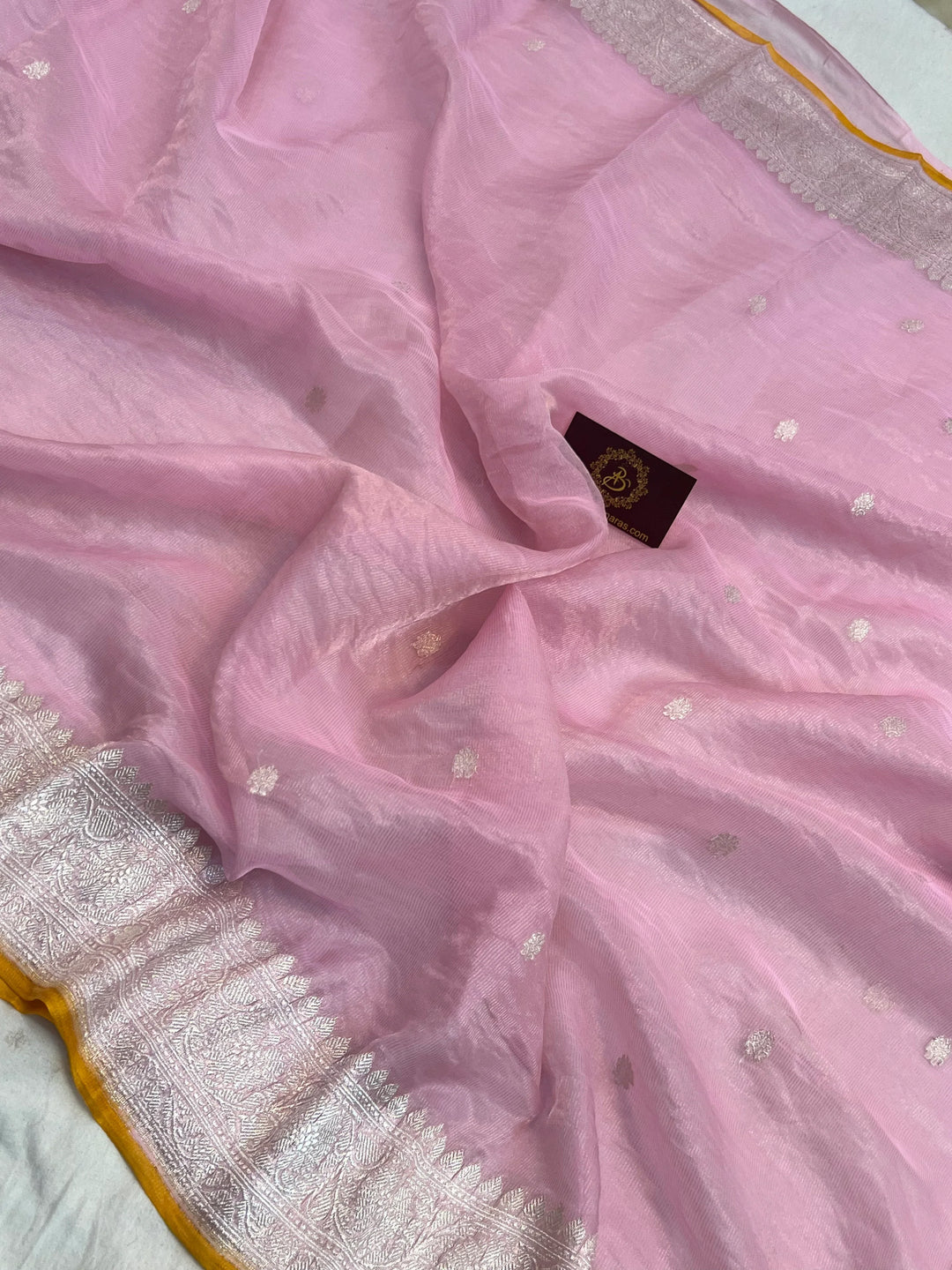 Baby Pink Pure Banarasi Crush Tissue Silk Saree - Aura Benaras