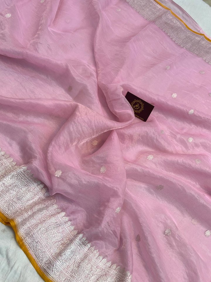 Baby Pink Pure Banarasi Crush Tissue Silk Saree - Aura Benaras