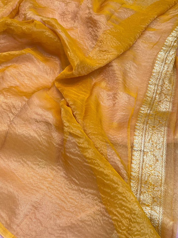 Baby Pink Pure Banarasi Crush Tissue Silk Saree - Aura Benaras