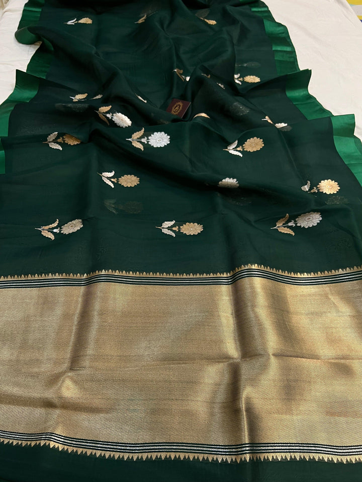 Bottle Green Banarasi Handloom Kora Silk Saree - Aura Benaras