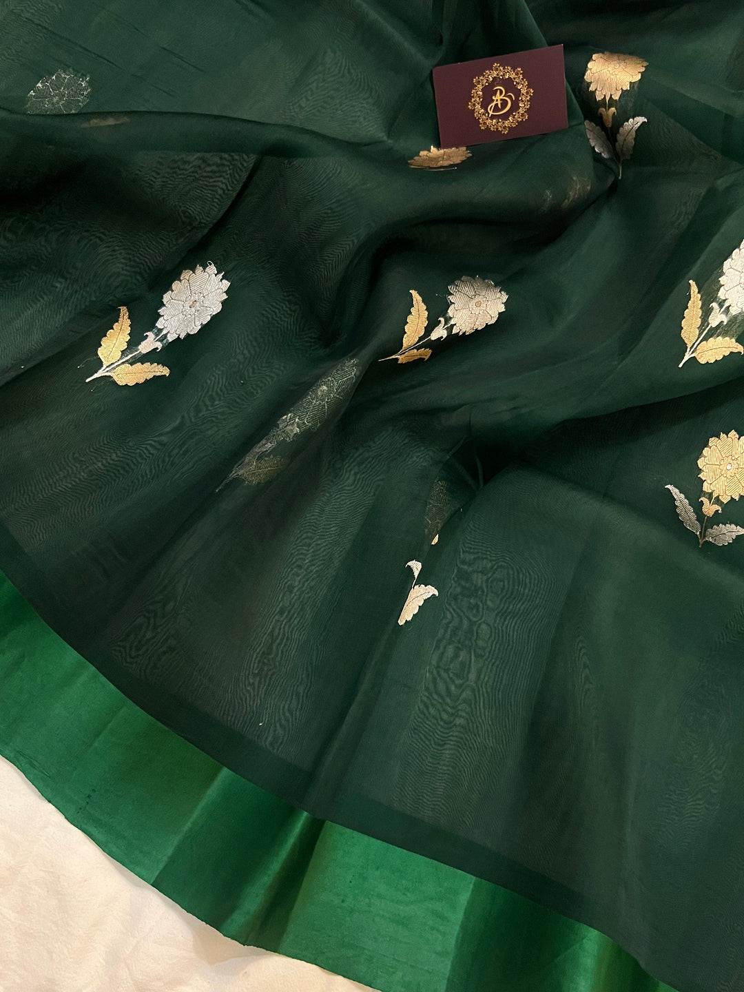 Bottle Green Banarasi Handloom Kora Silk Saree - Aura Benaras