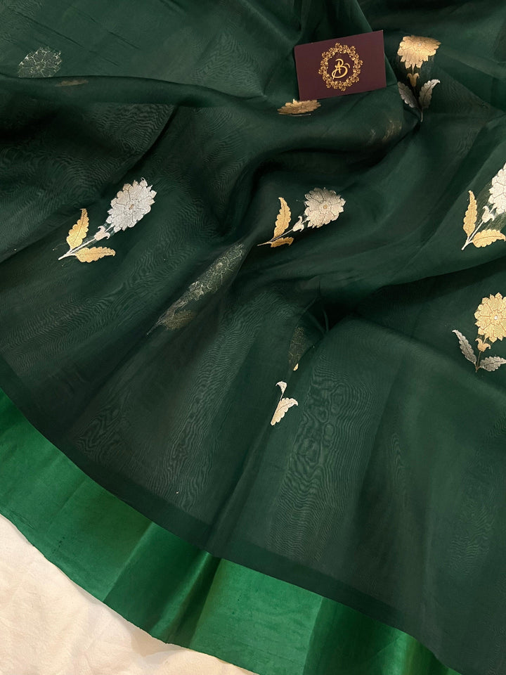 Bottle Green Banarasi Handloom Kora Silk Saree - Aura Benaras