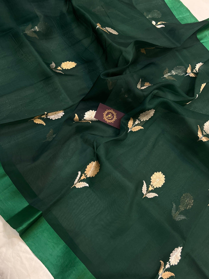 Bottle Green Banarasi Handloom Kora Silk Saree - Aura Benaras
