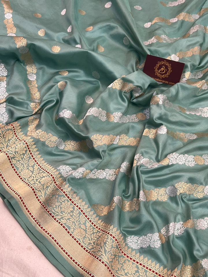 Sage Green Pure Katan Silk Banarasi Handloom Kadwa jangla Saree