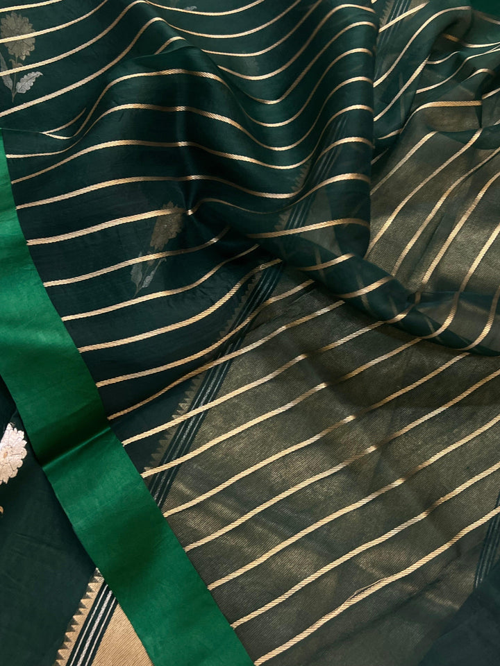 Bottle Green Banarasi Handloom Kora Silk Saree - Aura Benaras