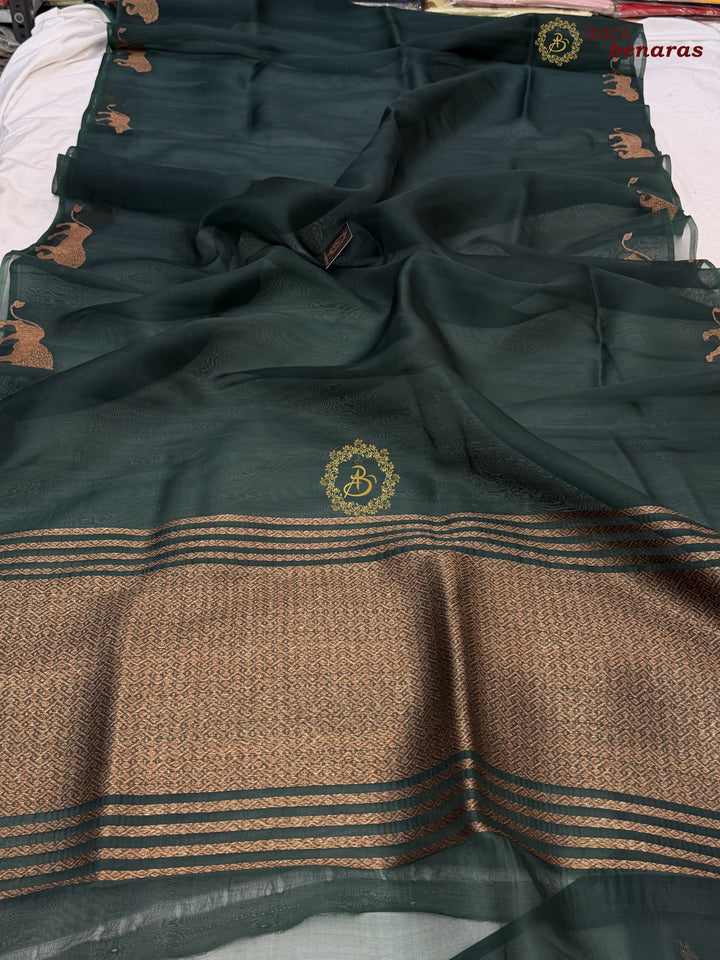 Bottle Green Kora Silk Banarasi Saree | Cow Motif Border