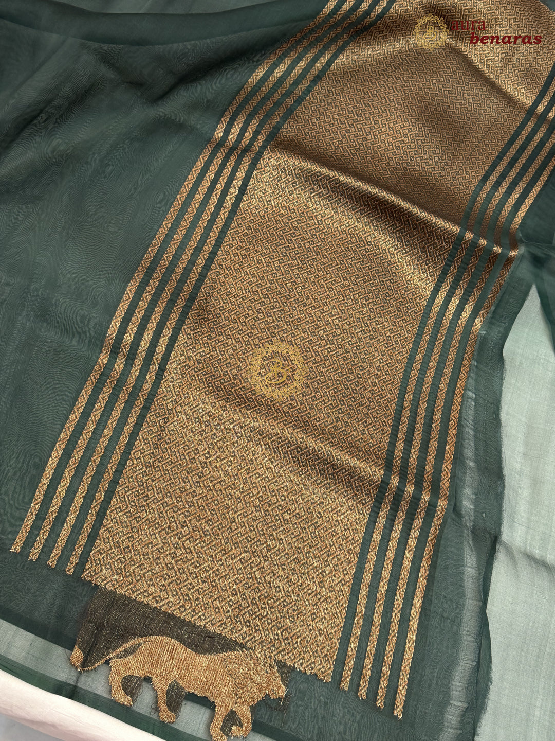 Bottle Green Kora Silk Banarasi Saree | Cow Motif Border