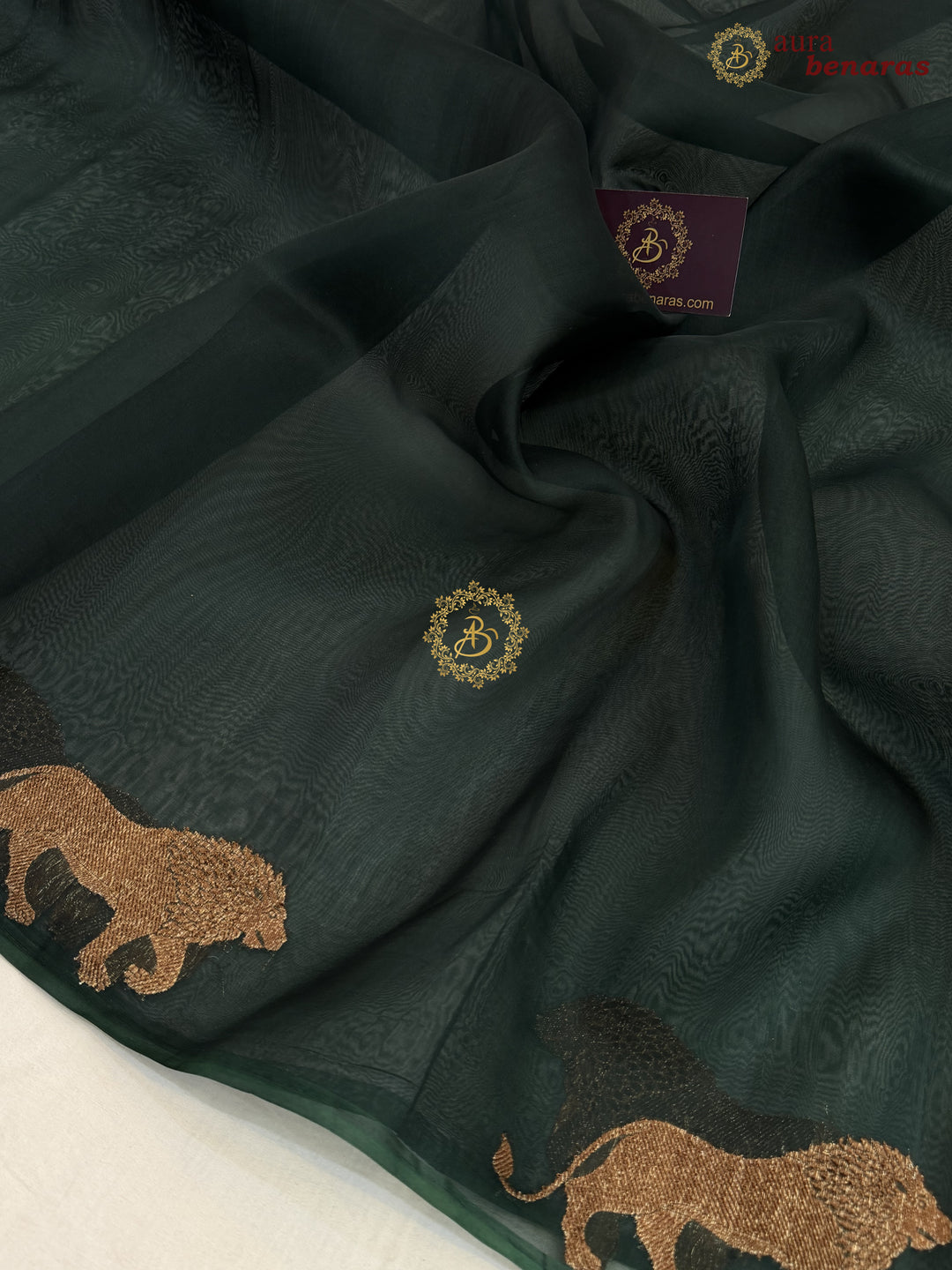 Bottle Green Kora Silk Banarasi Saree | Cow Motif Border