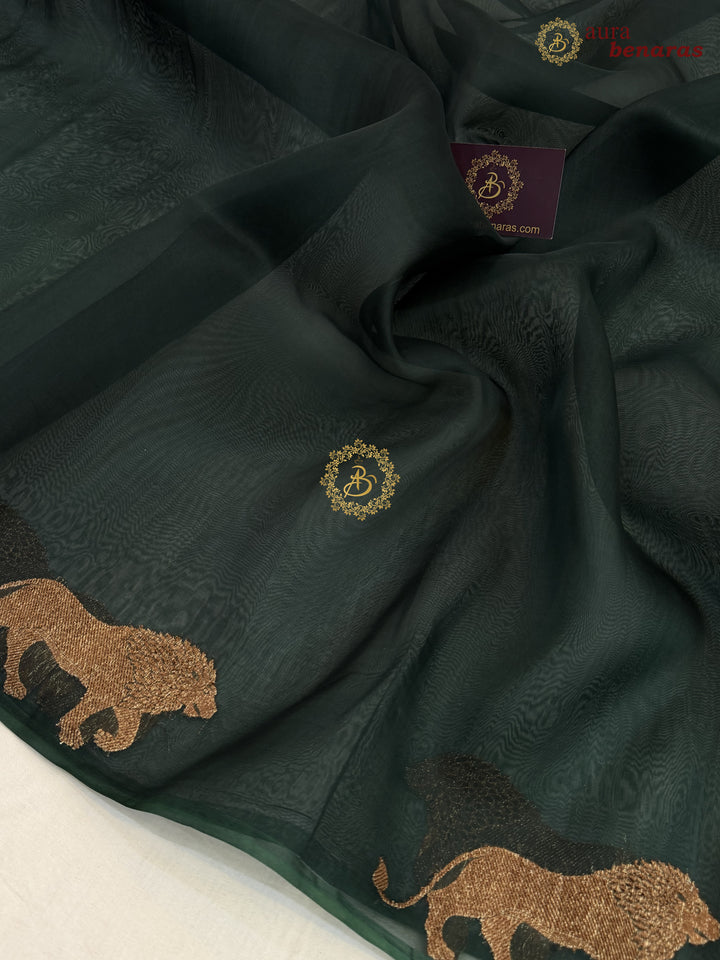 Bottle Green Kora Silk Banarasi Saree | Cow Motif Border
