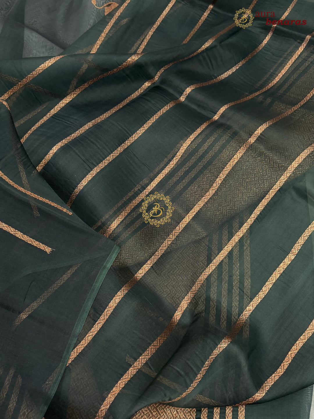 Bottle Green Kora Silk Banarasi Saree | Cow Motif Border
