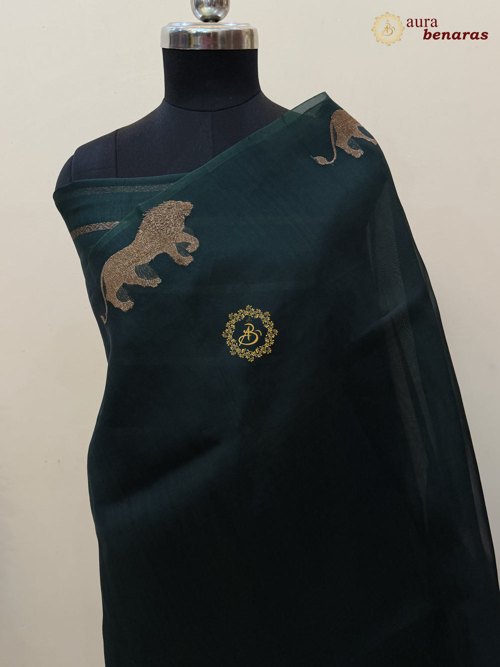Bottle Green Kora Silk Banarasi Saree | Cow Motif Border