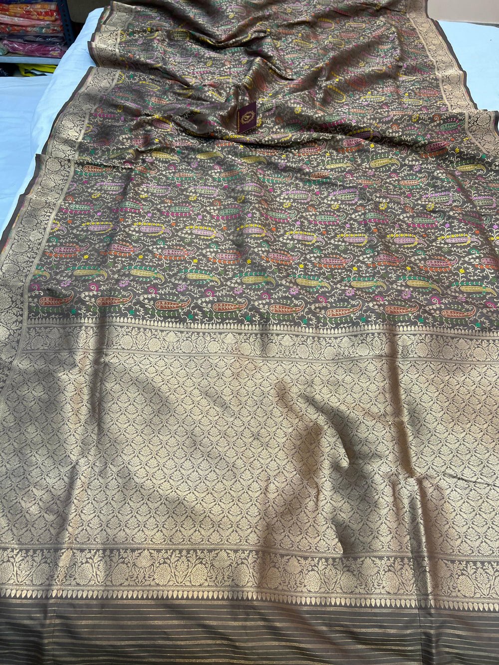 Ash Katan Silk Banarasi Saree | Handloom Jaal with Tilfi Meenakari