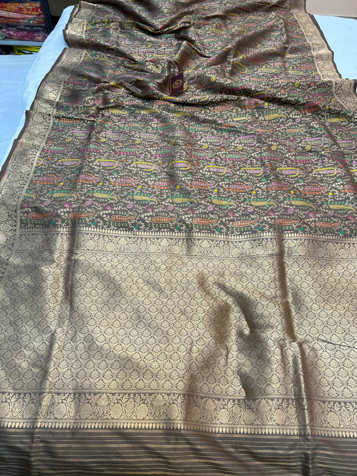 Ash Katan Silk Banarasi Saree | Handloom Jaal with Tilfi Meenakari