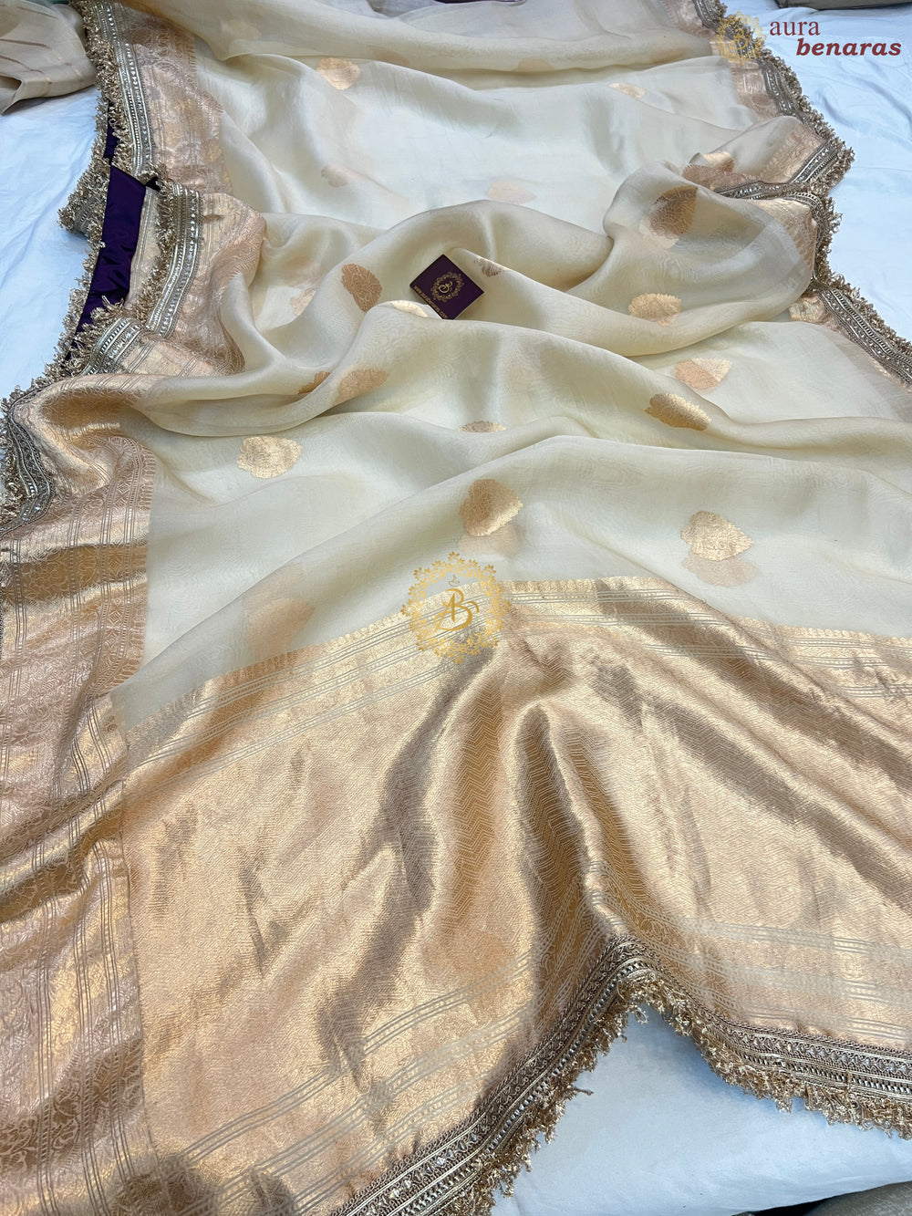 Cream Pure Kora Silk Handloom Banarasi Saree with kadhwa motifs