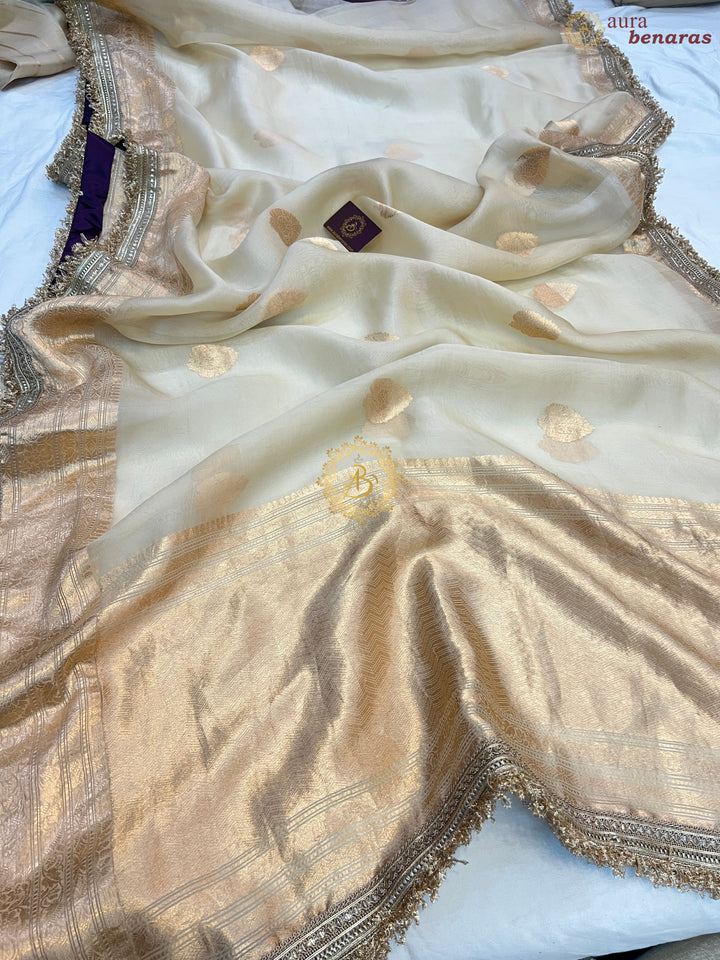 Cream Pure Kora Silk Handloom Banarasi Saree with kadhwa motifs