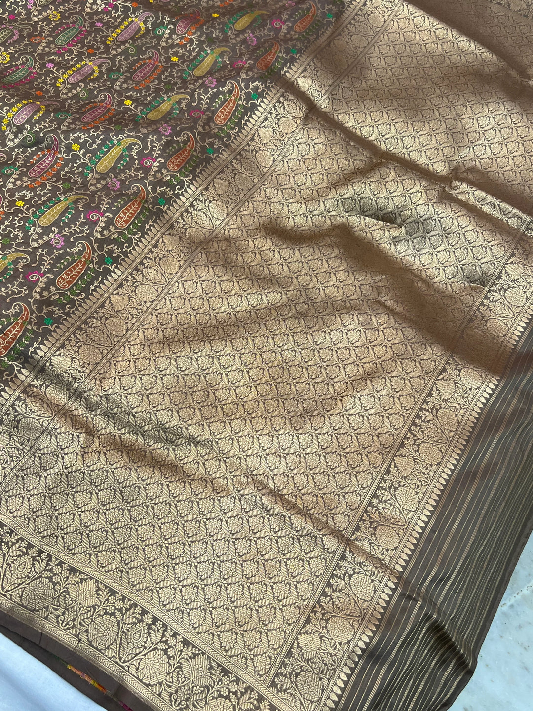 Ash Katan Silk Banarasi Saree | Handloom Jaal with Tilfi Meenakari