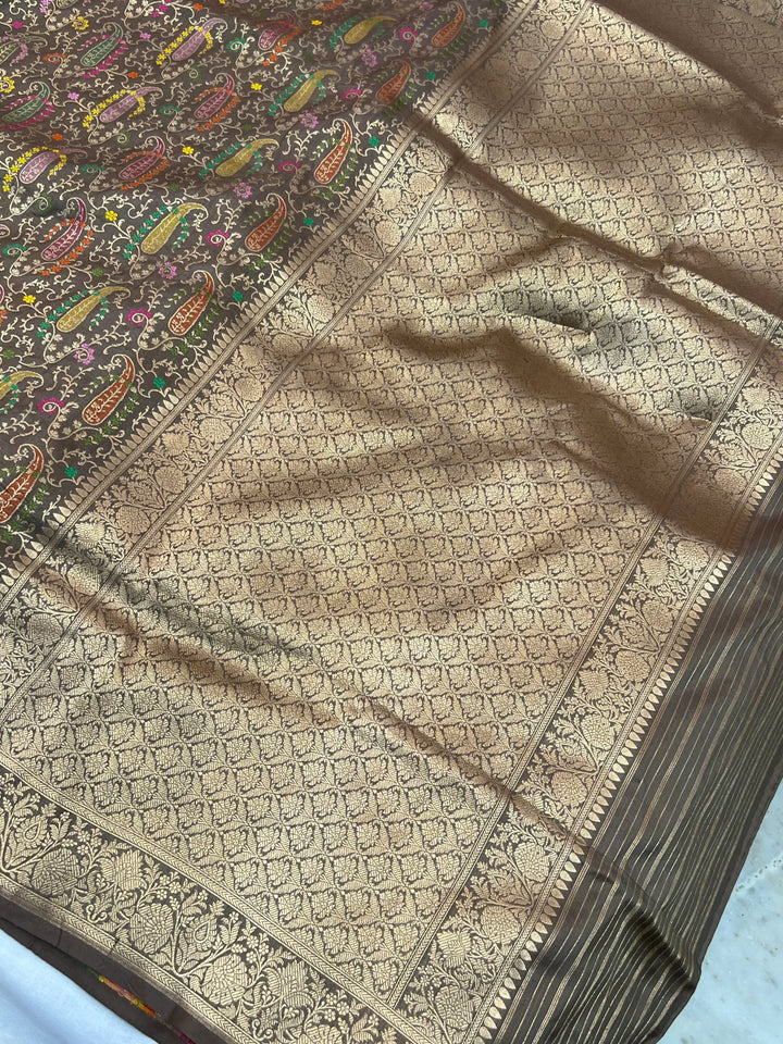 Ash Katan Silk Banarasi Saree | Handloom Jaal with Tilfi Meenakari