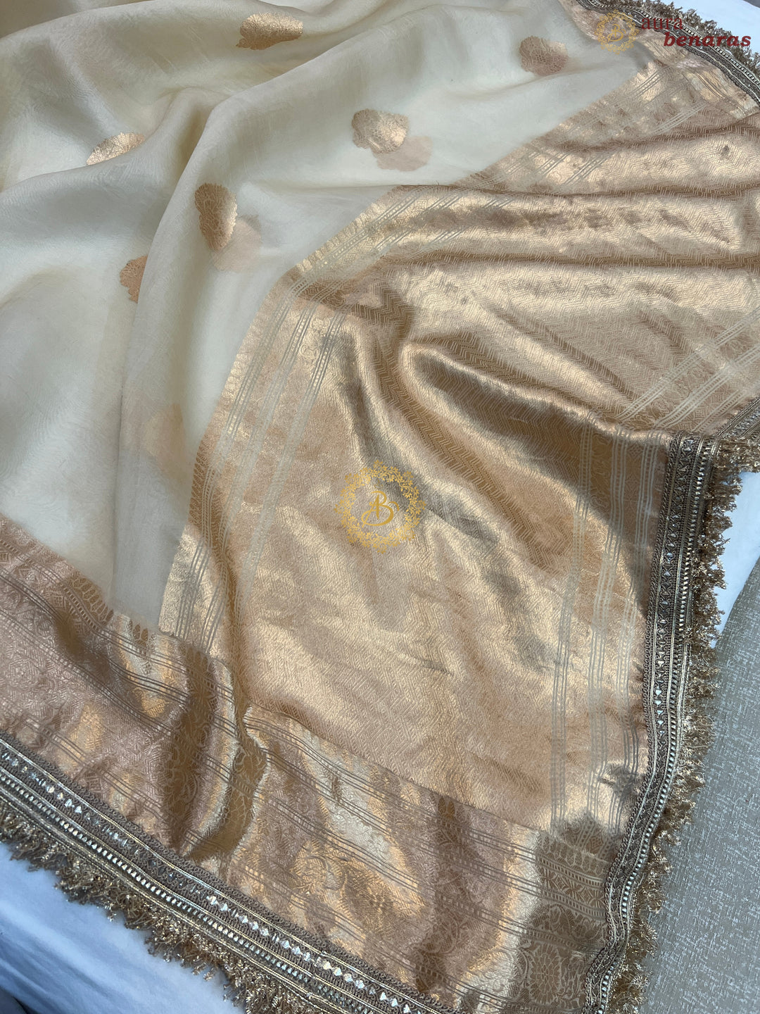 Cream Pure Kora Silk Handloom Banarasi Saree with kadhwa motifs