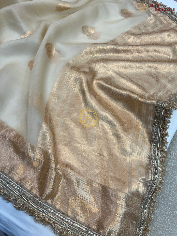 Cream Pure Kora Silk Handloom Banarasi Saree with kadhwa motifs
