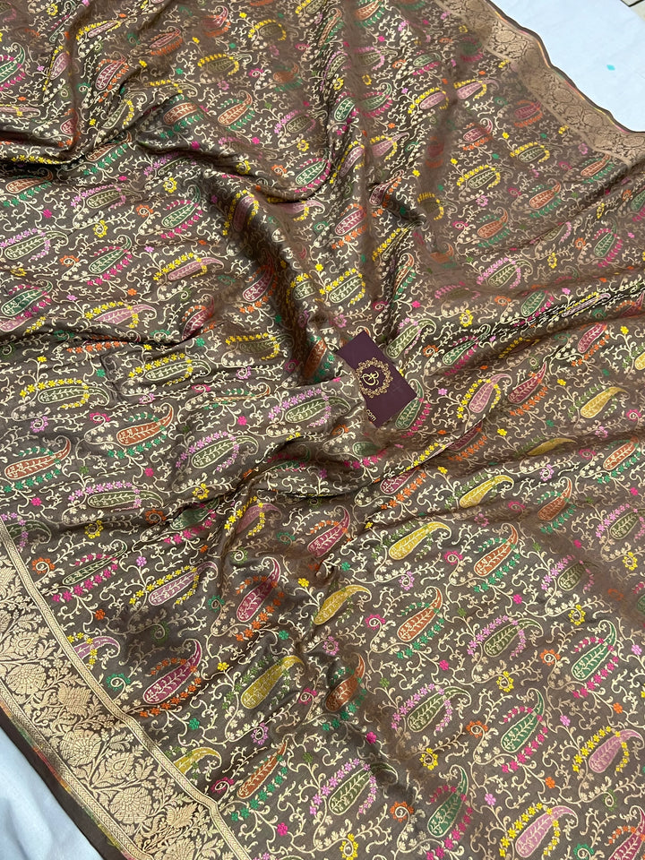 Ash Katan Silk Banarasi Saree | Handloom Jaal with Tilfi Meenakari