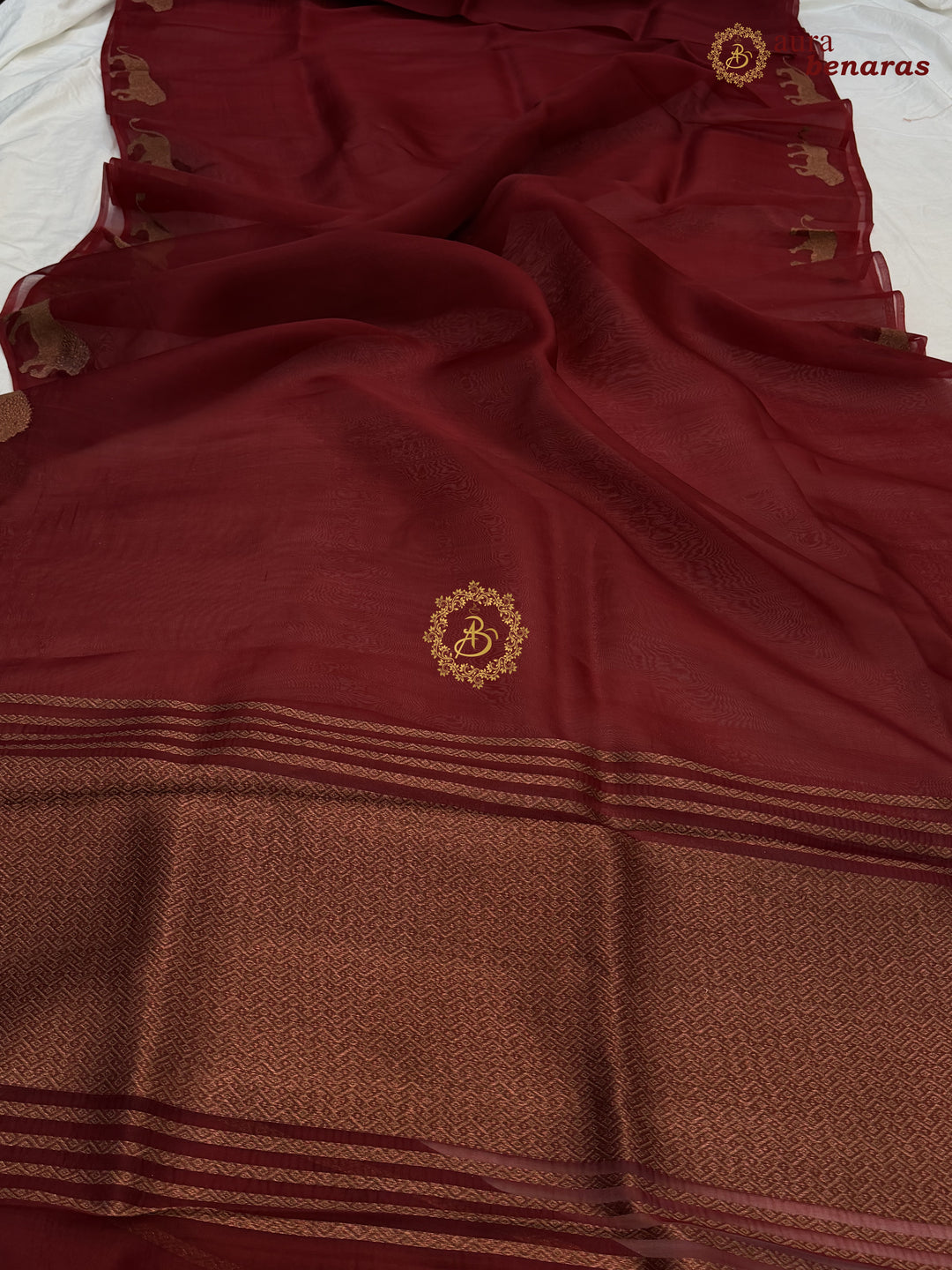 Maroon Kora Silk Banarasi Saree | Cow Motif Border