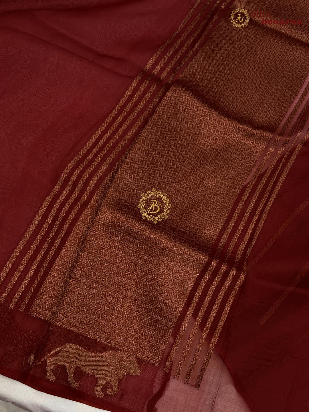 Maroon Kora Silk Banarasi Saree | Cow Motif Border