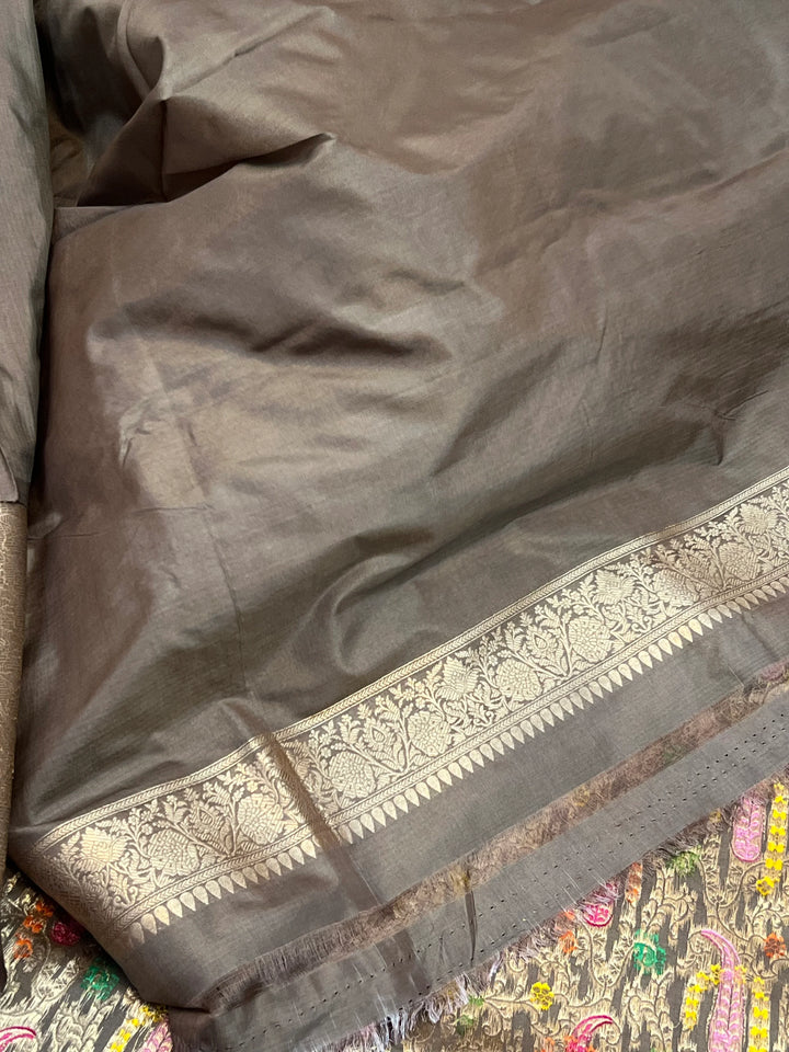 Ash Katan Silk Banarasi Saree | Handloom Jaal with Tilfi Meenakari