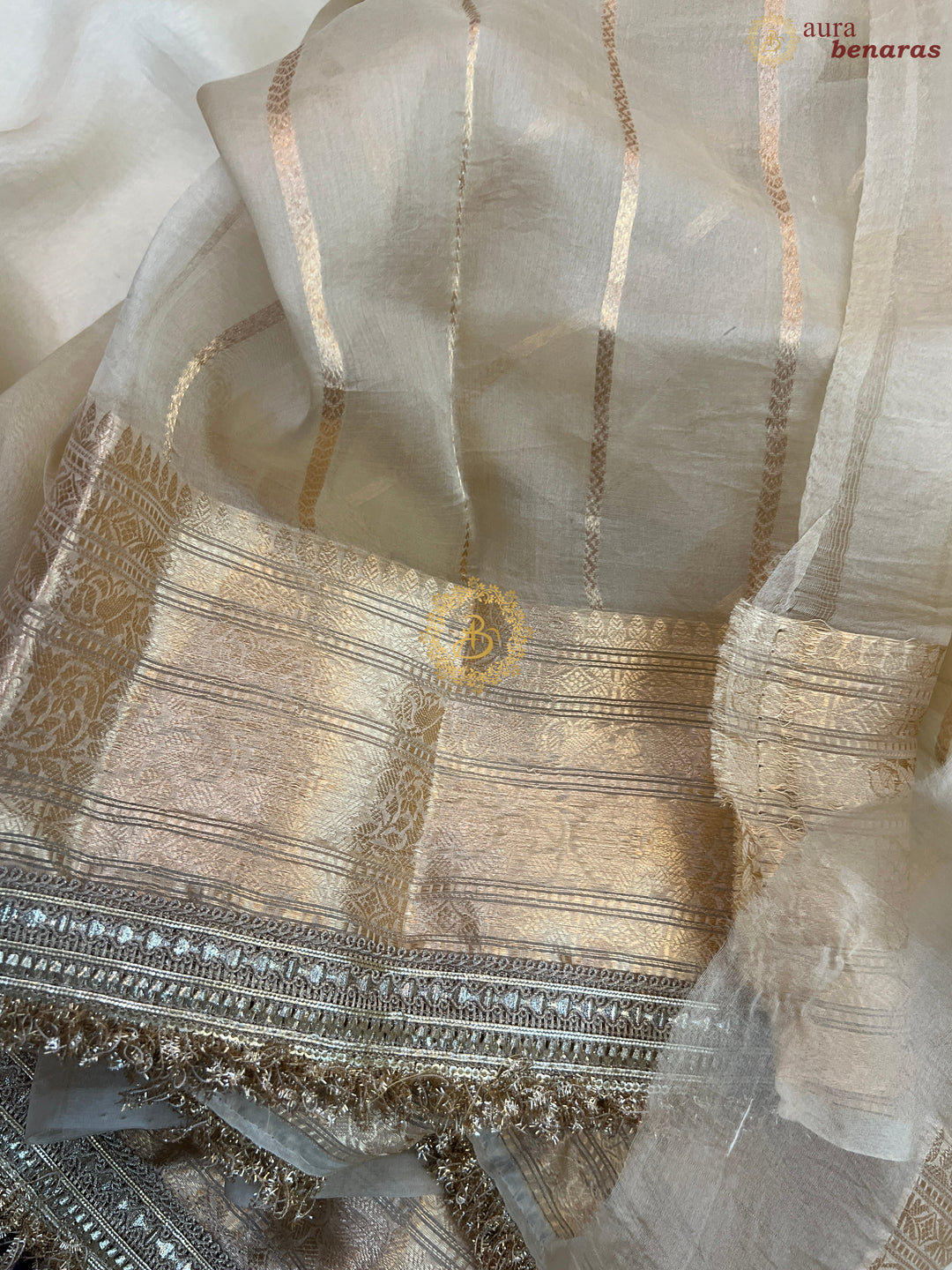 Cream Pure Kora Silk Handloom Banarasi Saree with kadhwa motifs