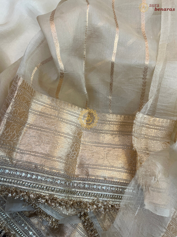Cream Pure Kora Silk Handloom Banarasi Saree with kadhwa motifs