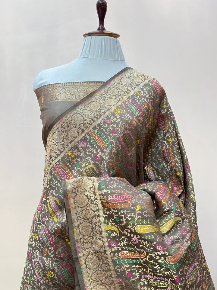 Ash Katan Silk Banarasi Saree | Handloom Jaal with Tilfi Meenakari