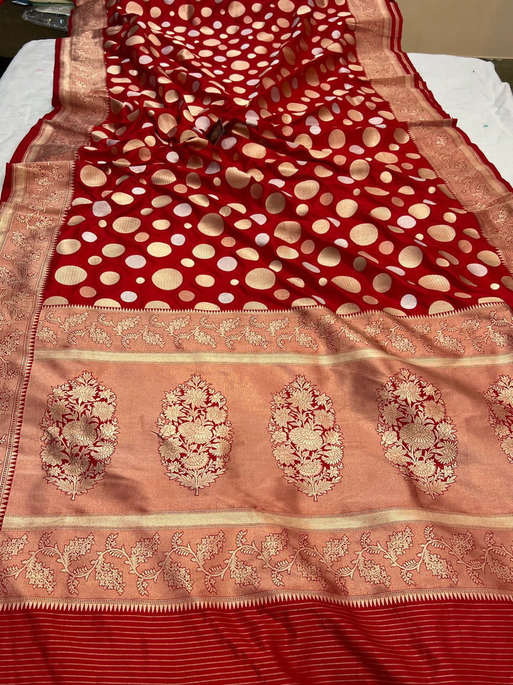 Red Pure Katan Silk Handloom Saree with Floral butas