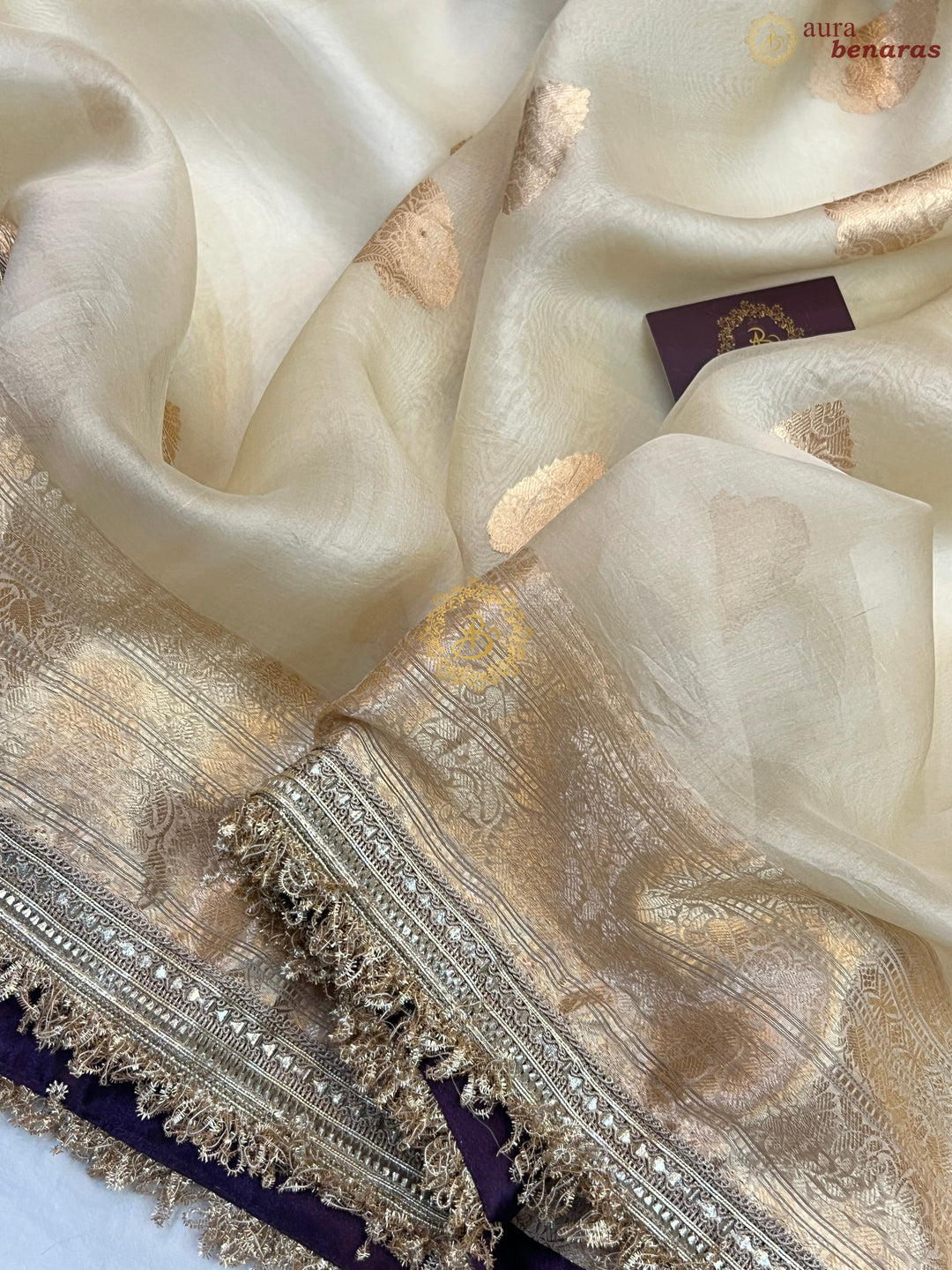 Cream Pure Kora Silk Handloom Banarasi Saree with kadhwa motifs
