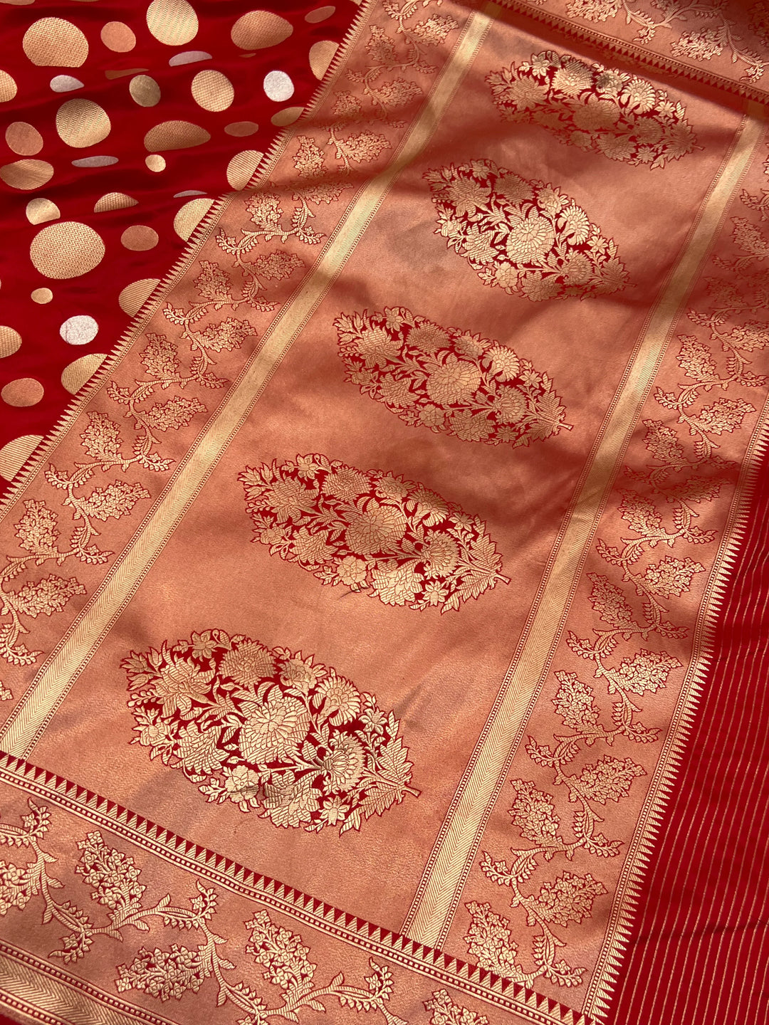 Red Pure Katan Silk Handloom Saree with Floral butas