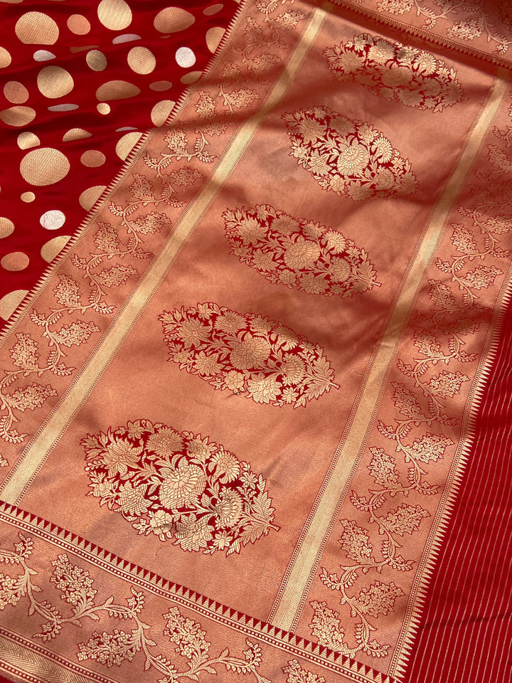 Red Pure Katan Silk Handloom Saree with Floral butas