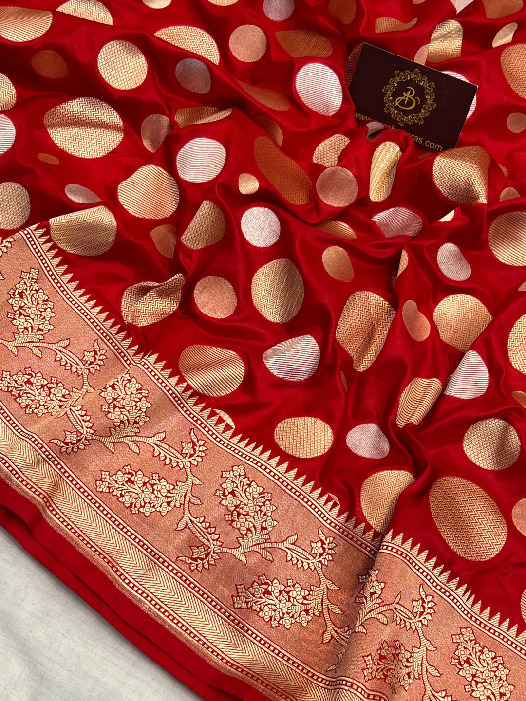 Red Pure Katan Silk Handloom Saree with Floral butas