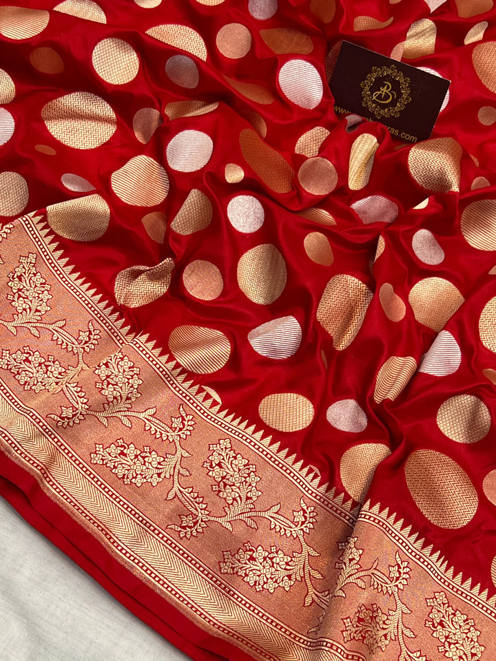 Red Pure Katan Silk Handloom Saree with Floral butas