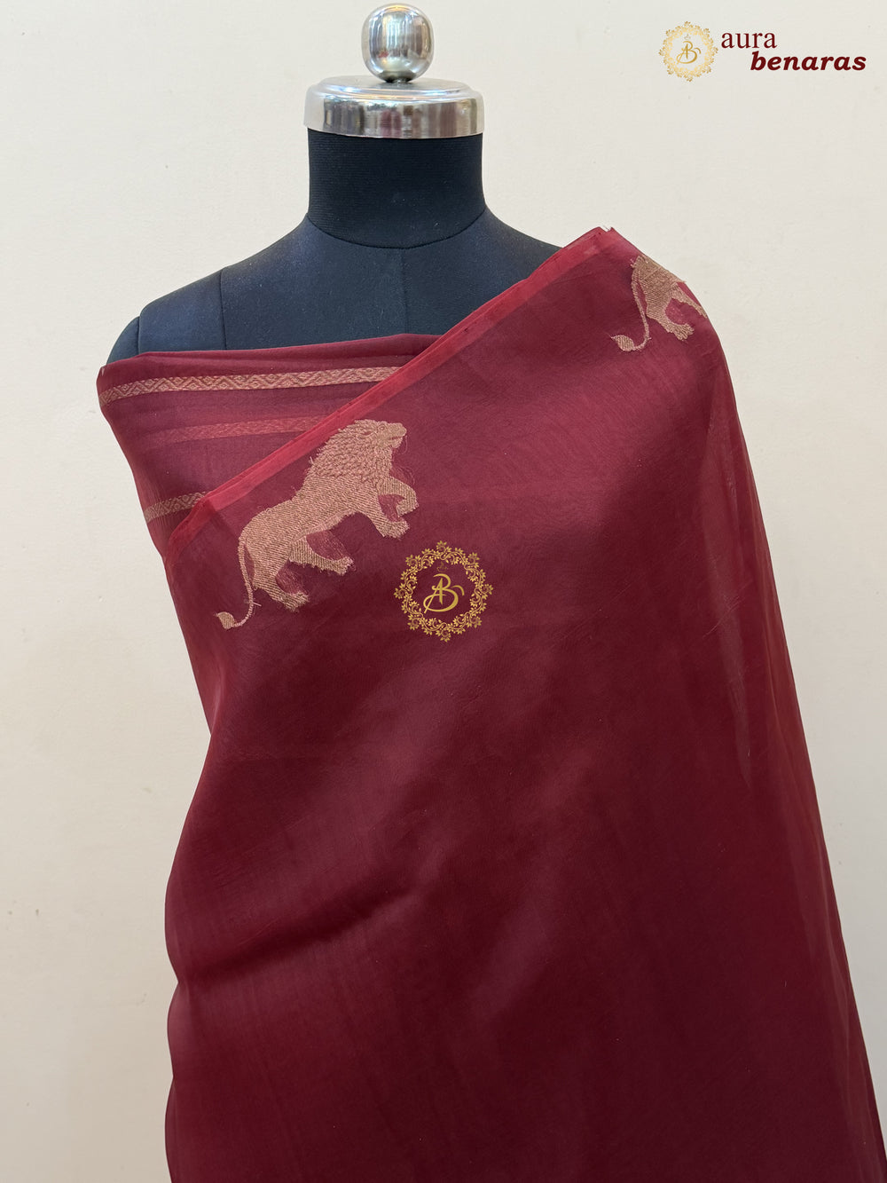Maroon Kora Silk Banarasi Saree | Cow Motif Border