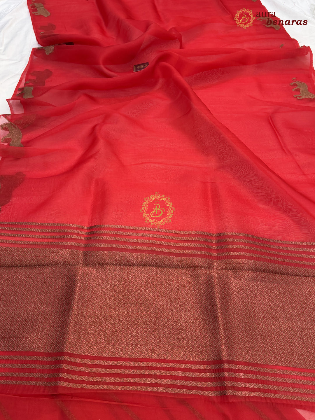 Deep Red Kora Silk Banarasi Saree | Cow Motif Border