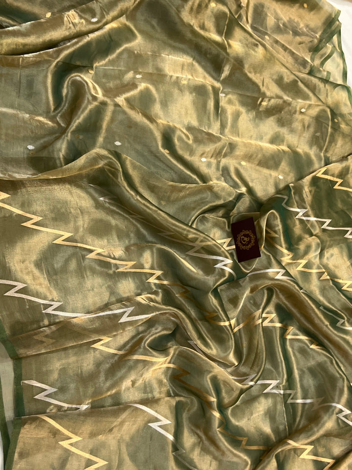 Bottle Green Banarasi Handloom Tissue Silk Saree - Aura Benaras