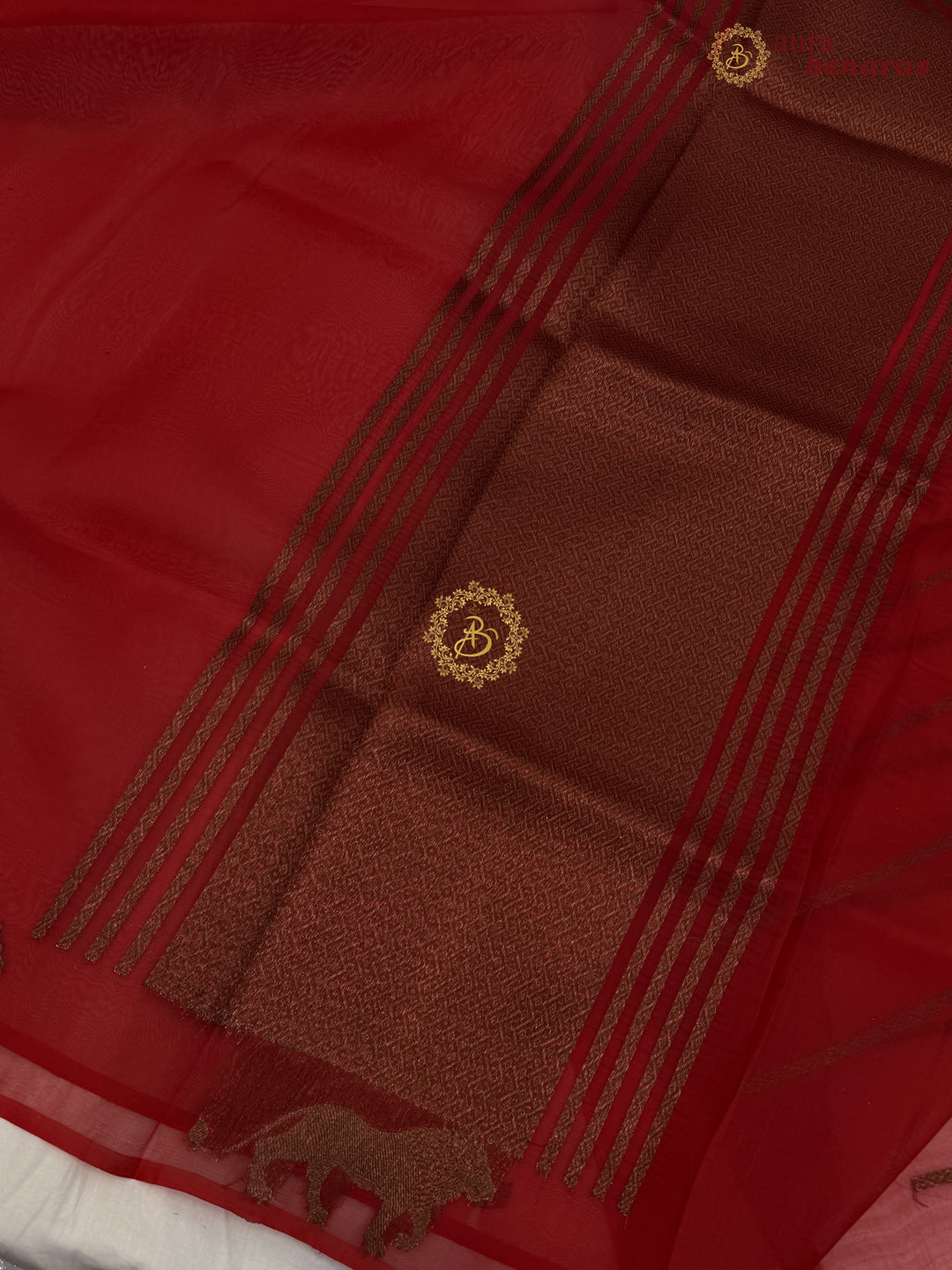 Deep Red Kora Silk Banarasi Saree | Cow Motif Border