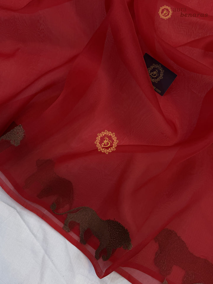 Deep Red Kora Silk Banarasi Saree | Cow Motif Border