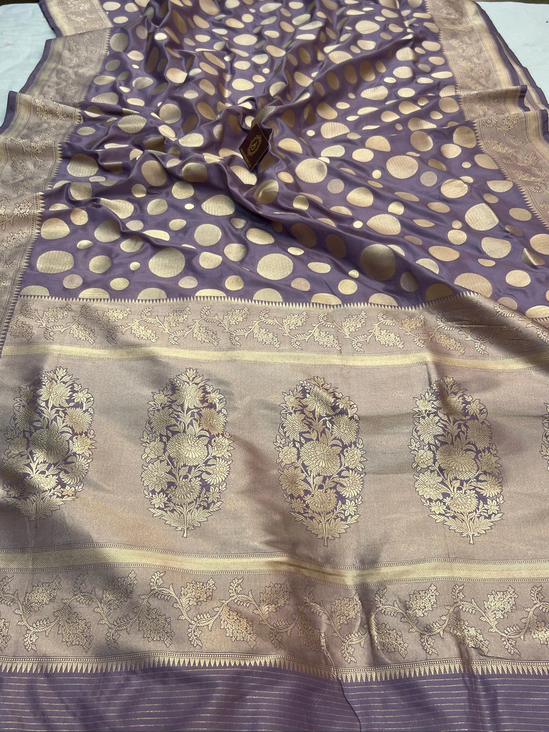 Pastel Lavender Pure Katan Silk Handloom Saree with Golden Floral butas