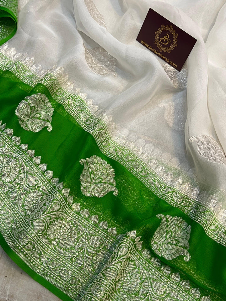 White Pure Banarasi Khaddi Chiffon Saree - Aura Benaras