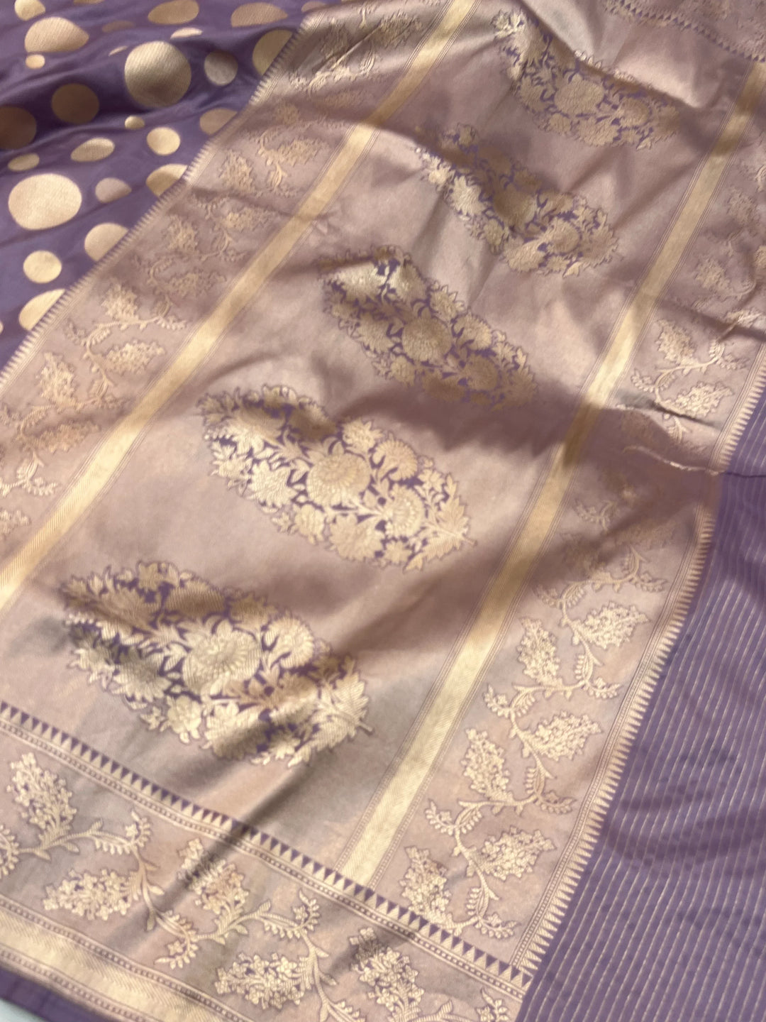 Pastel Lavender Pure Katan Silk Handloom Saree with Golden Floral butas