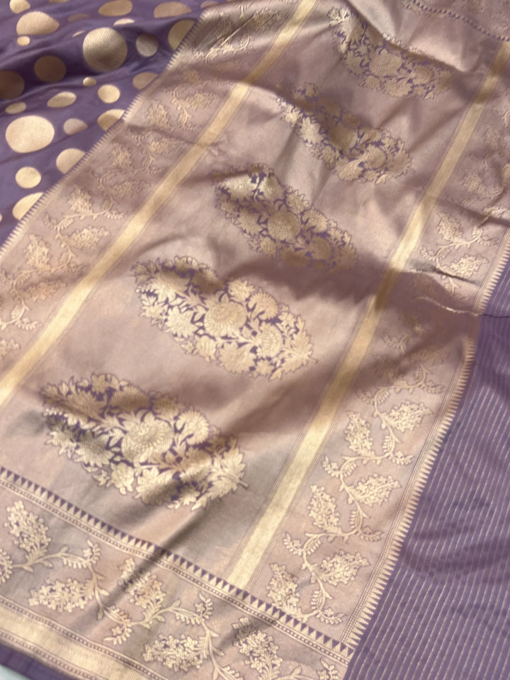 Pastel Lavender Pure Katan Silk Handloom Saree with Golden Floral butas
