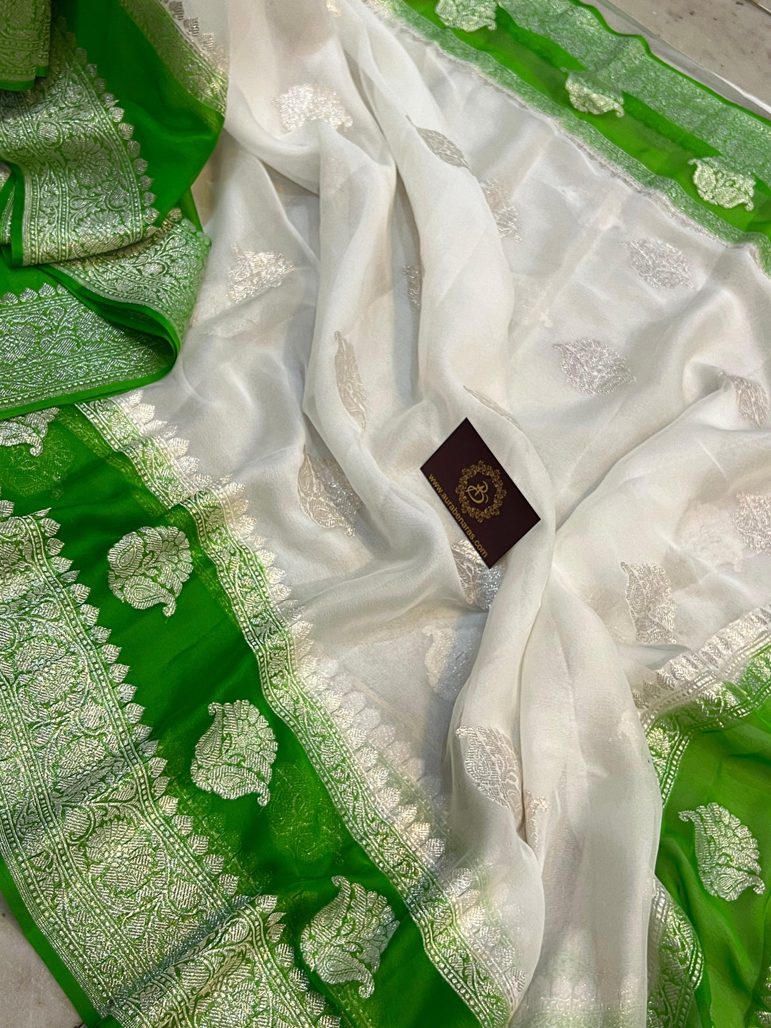 White Pure Banarasi Khaddi Chiffon Saree - Aura Benaras