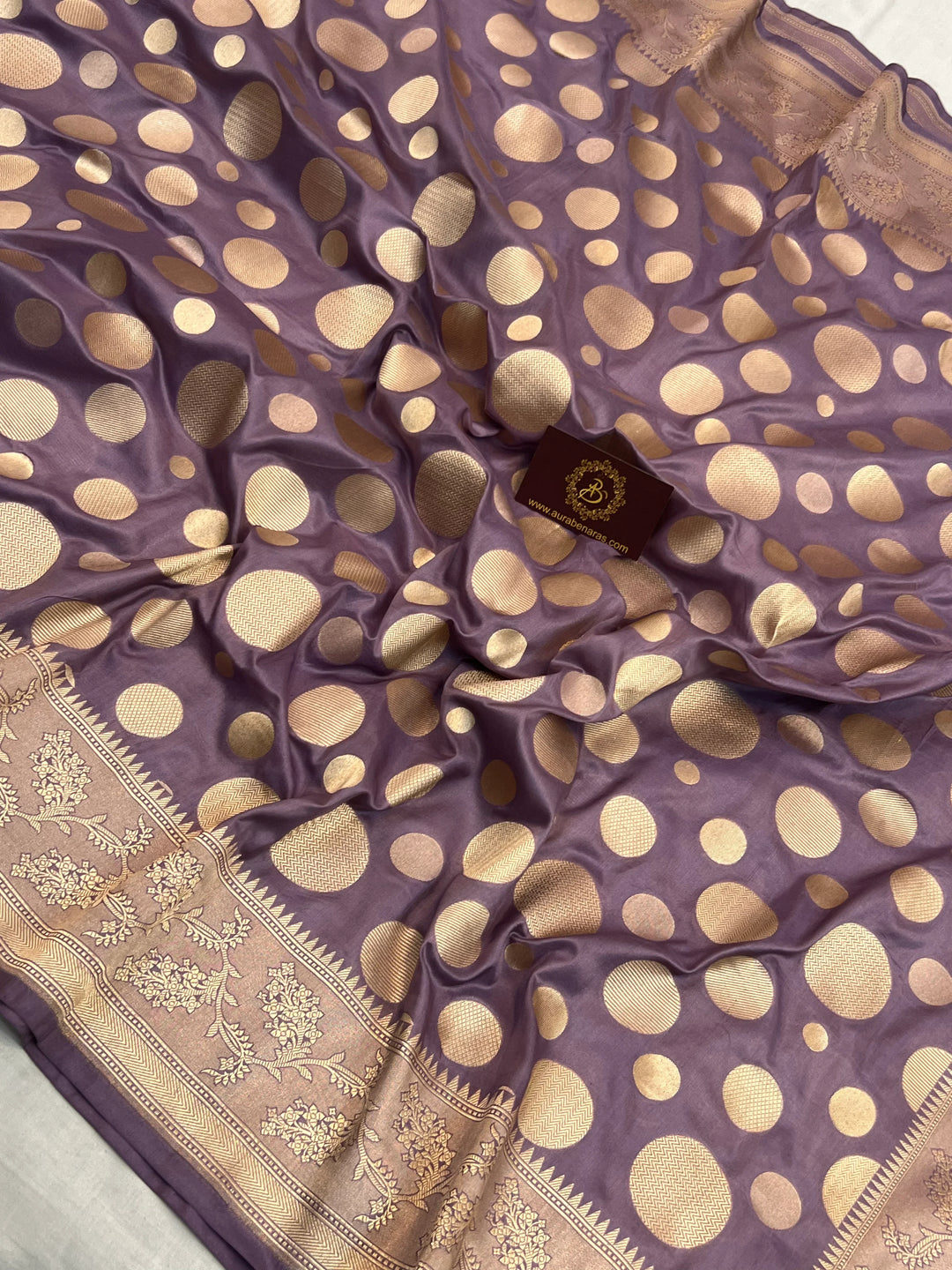 Pastel Lavender Pure Katan Silk Handloom Saree with Golden Floral butas