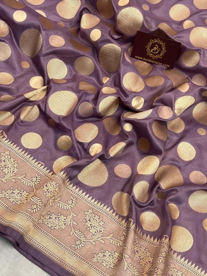 Pastel Lavender Pure Katan Silk Handloom Saree with Golden Floral butas